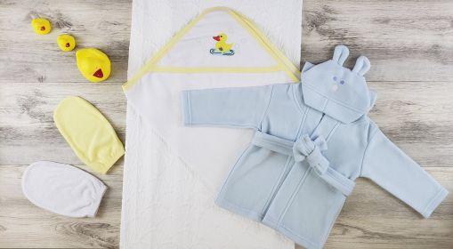 Hooded Towel, Bath Mittens and Robe (Color: Yellow/White/Blue, size: Newborn)