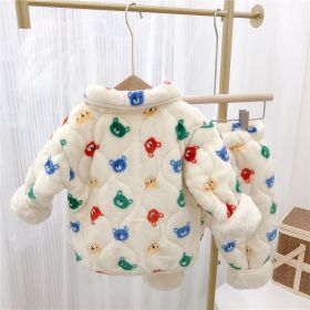 Children's Pajamas Three-layer Thickened Coral Fleece Suit (Option: Creamy White-90cm)