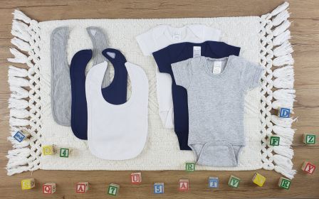 6 Pc Layette Baby Clothes Set (Color: White/Navy/Grey, size: large)