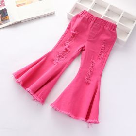 Girls' Stretch Jeans Horn Broken Holes Pants (Option: Rose Red-110cm)