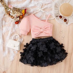 Diagonal Shoulder Strap Bubble Sleeve Bow Top (Option: Pink-6Y)