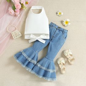 Girls' Top Denim Flared Pants Set (Option: White-90cm)