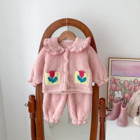 Girls' Autumn And Winter Thickened Velvet Home Clothes Warm Pajamas Set (Option: Pink-73cm)