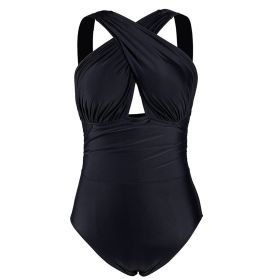 Women Large Size One Piece Cross Cover Nylon Quality Plus Fertilizer Swimsuit (Option: Black-2XL)