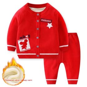 Baby Sweater Suit Girls' Fleece-lined Thickened Clothes Sweater (Option: 2204 Fleece Lined Red-73CM)