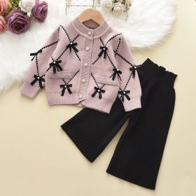 Girls' Bowknot Sweater Cardigan Wool Knitted Wide-leg Pants Two-piece Set (Option: Pink-90)