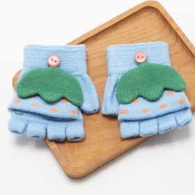 Children's Flip Gloves Half Finger Autumn And Winter Girls Winter Warm Student Knitted Writing Kindergarten Boys Send Batch (Option: Blue-Recommended 3to7 Years Old)