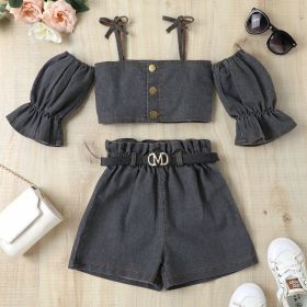 Girls' Suspender Constricted Lantern Sleeves Denim Open Top (Option: Dark Grey-90cm)