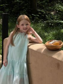 Korean Style Girls' Shoulder-digging Suspender Skirt Children's Fairy Bow Vest Mesh Long Dress (Option: 3329 Blue Halterneck Skirt-90cm)