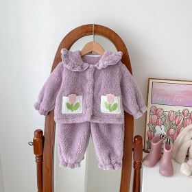 Girls' Autumn And Winter Thickened Velvet Home Clothes Warm Pajamas Set (Option: Purple-73cm)