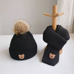 Children's Hat Scarf Suit Warm With Velvet (Option: Bear Hat Set Black)