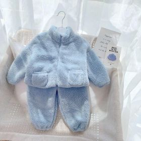 Fleece Lined Padded Warm Keeping Home Wear Two-piece Set (Option: Blue-100cm)