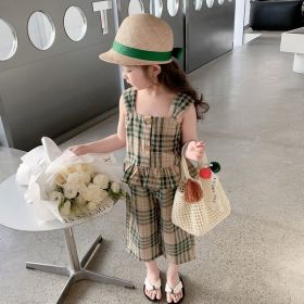 Girls' Plaid Vest Cropped Pants Set (Option: Green-90cm)