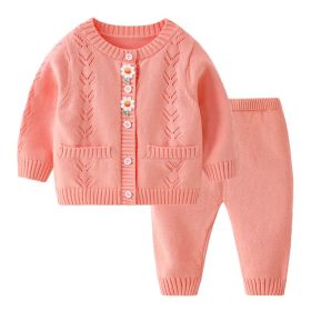 Children's Casual Knitted Cotton Yarn Cardigan Top Pants Suit (Option: Pink-66cm)