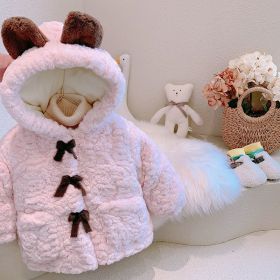 Girls' Fashion Casual Thickening Fleece-lined Cotton-padded Jacket (Option: Pink-80)