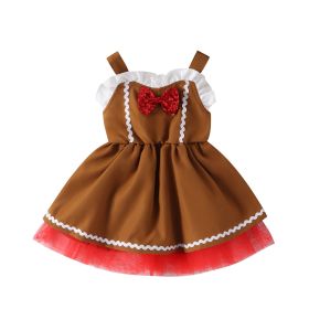 Bow Suspenders Splicing Mesh Children Dress (Option: Brown-90cm)