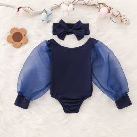 Bubble Sleeved Mesh Multi-color Swimsuit (Option: Dark Blue-80cm)