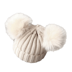 Cute Pompom Baby Hat Warm Winter Knitted Kids Baby Girl Boy Beanie Cap Solid Outdoor Infant Toddler Children Hat Bonnet (Color: Beige)