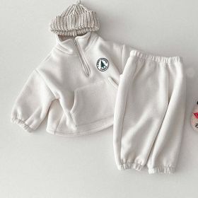 Baby Solid Color Stand Collar Autumn Winter Thermal Hoodies Sets (Color: White, Size/Age: 90 (12-24M))