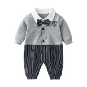 Baby Boy Badge Patched Pattern Striped Contrast Design Snap Button Front Bow Tie Rompers (Size/Age: 59 (0-3M))