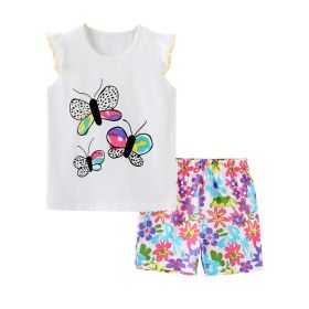 Baby Girl Floral Pattern Crewneck T-Shirt Summer Clothing Sets (Color: Purple, Size/Age: 110 (3-5Y))
