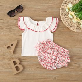 Baby Girl Lettuce Trim Design Ruffle Neck Tops Combo Floral Shorts Sets (Color: White, Size/Age: 90 (12-24M))