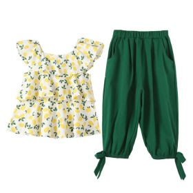 Baby Girl Floral Print Lace Design Tops Combo 1-Pieces Solid Pants Sets (Color: Green, Size/Age: 140 (8-10Y))