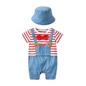 Baby Striped Graphic Cartoon Bear Patched Bow Tie False 1-Pieces Strap Jumpsuit (Color: Red, Size/Age: 80 (9-12M))