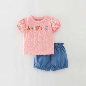 Baby Girl Floral & Slogan Print Graphic Puff Sleeve Tee Combo Denim Shorts Sets (Color: pink, Size/Age: 100 (2-3Y))