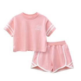 Baby Striped Sleeves Design T-Shirt Combo Shorts Sport Pieces Sets (Color: pink, Size/Age: 100 (2-3Y))