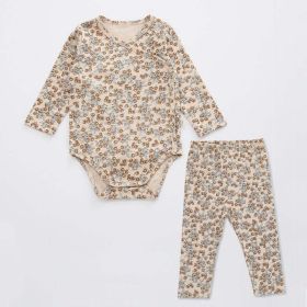 Baby Floral Print Pattern Side Buckle Design Cute Thin Style Air Conditional Clothes Sets (Color: Black, Size/Age: 66 (3-6M))