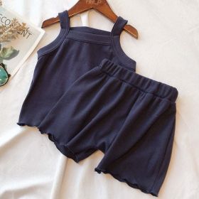 Baby Girl Solid Color Sleeveless Vest With Shorts Sets (Color: Navy Blue (Dark Blue), Size/Age: 90 (12-24M))