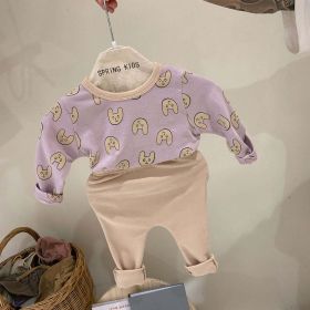 Baby 1pcs Cartoon Funny Cat Pattern Shirt Combo Solid Pants Tracksuit Sets (Color: Purple, Size/Age: 66 (3-6M))