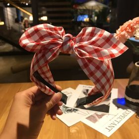 Plaid Knot In The Middle Bow Fabric Headband (Color: Red)