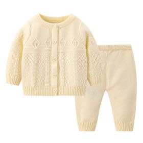 Girls' Solid Color Round Neck Cardigan Pants Suit (Option: Beige-90cm)