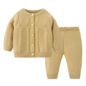 Girls' Solid Color Round Neck Cardigan Pants Suit (Option: Yellow-80cm)