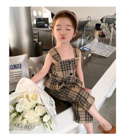 Girls' Plaid Vest Cropped Pants Set (Option: Brown-110cm)
