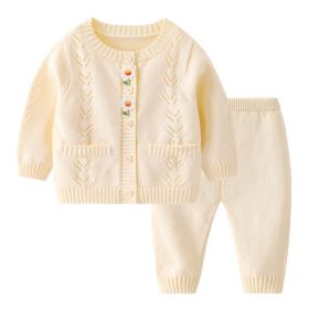 Children's Casual Knitted Cotton Yarn Cardigan Top Pants Suit (Option: Beige-80cm)