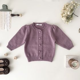 Girls' Hand Crocheting Round Neck Cardigan Thickened Sweater (Option: Gray Purple Red-90cm)
