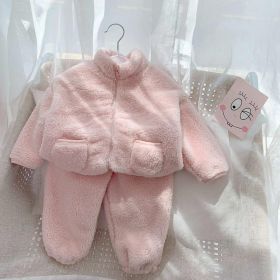 Fleece Lined Padded Warm Keeping Home Wear Two-piece Set (Option: Pink-160cm)