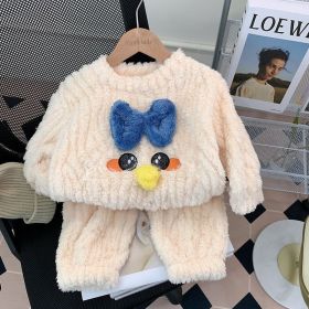 Girls Fashionable Warm Coral Velvet Pajamas Suit (Option: Beige Little Duck Pajamas-110)