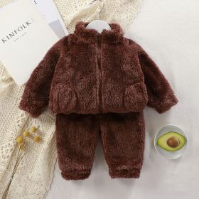 Children's Spring And Autumn Winter Suit Plush Homewear Two-piece Warm Clothes (Option: Dark Brown-110cm)