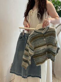 Girls' Colorful Striped Gradient Knitted Sweater Cardigan Top (Option: Olive-100cm)