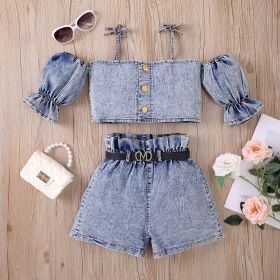 Girls' Suspender Constricted Lantern Sleeves Denim Open Top (Option: Silver grey-110cm)