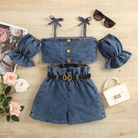 Girls' Suspender Constricted Lantern Sleeves Denim Open Top (Option: Navy Blue-130cm)