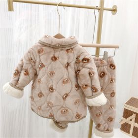 Children's Pajamas Three-layer Thickened Coral Fleece Suit (Option: Light Coffee-140cm)