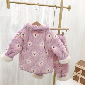 Children's Pajamas Three-layer Thickened Coral Fleece Suit (Option: Purple-150cm)
