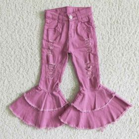 Fashion Denim Pants Kids Girls Double Ruffle Flare Bottom (Option: Auburn-7to8 t)
