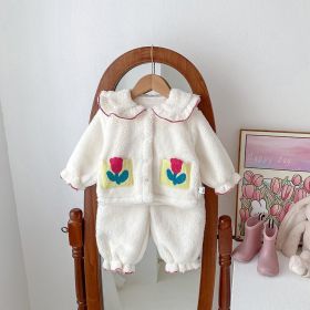 Girls' Autumn And Winter Thickened Velvet Home Clothes Warm Pajamas Set (Option: Beige-100cm)