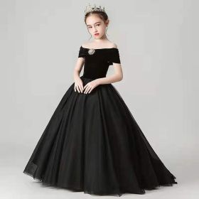 Girls' Wedding Catwalk Trailing Evening Dress (Option: Pure Black-100cm)